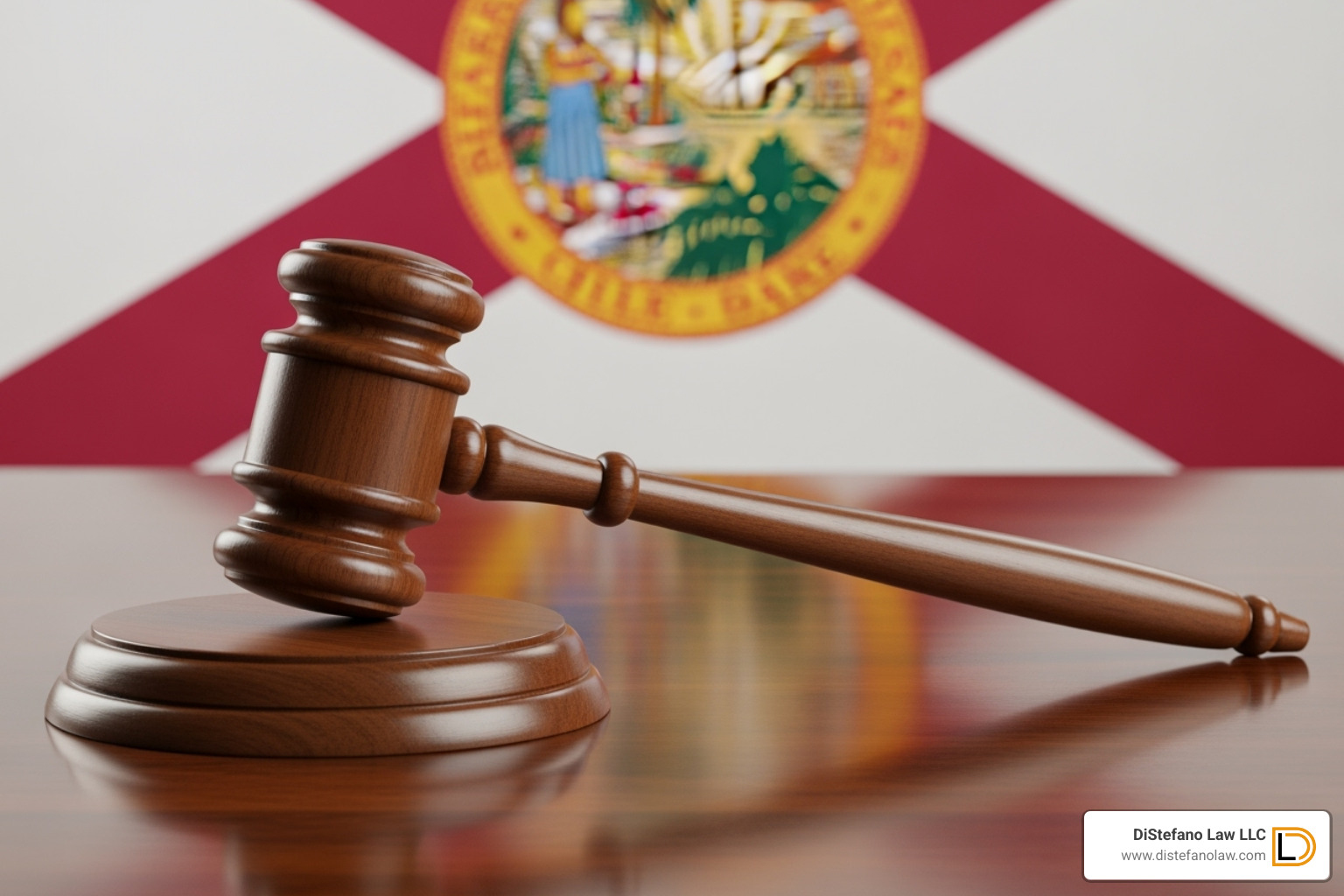 Image of a gavel and Florida state flag - fort lauderdale catastrophic injury lawyer