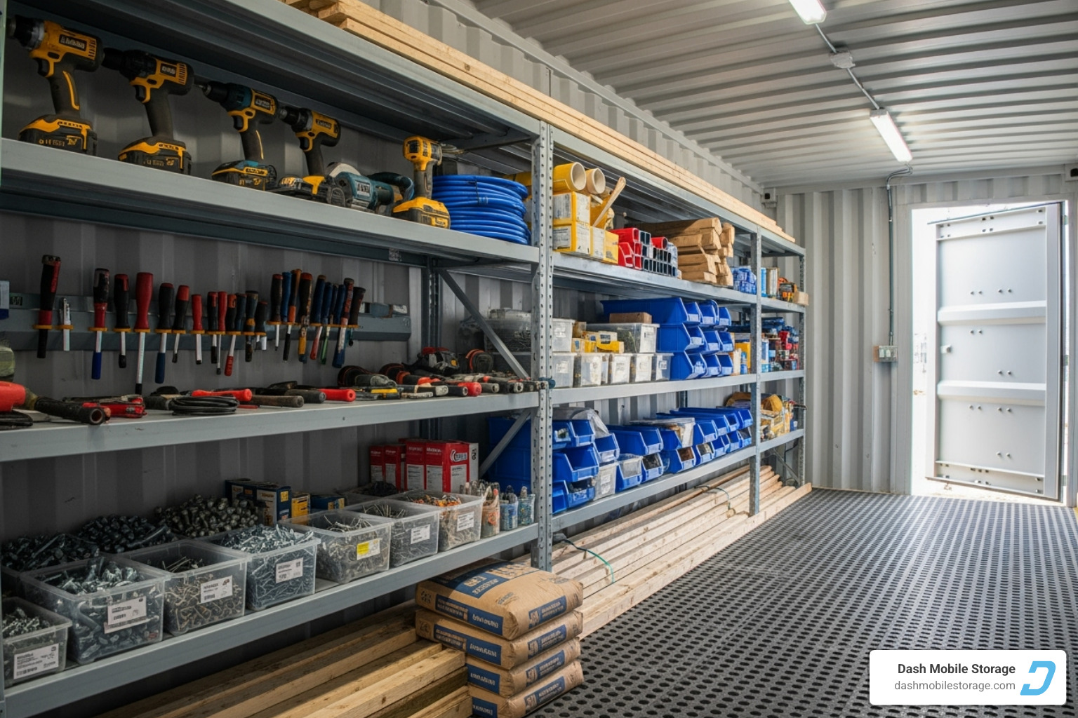 interior of an organized storage container with shelves - job-site storage containers