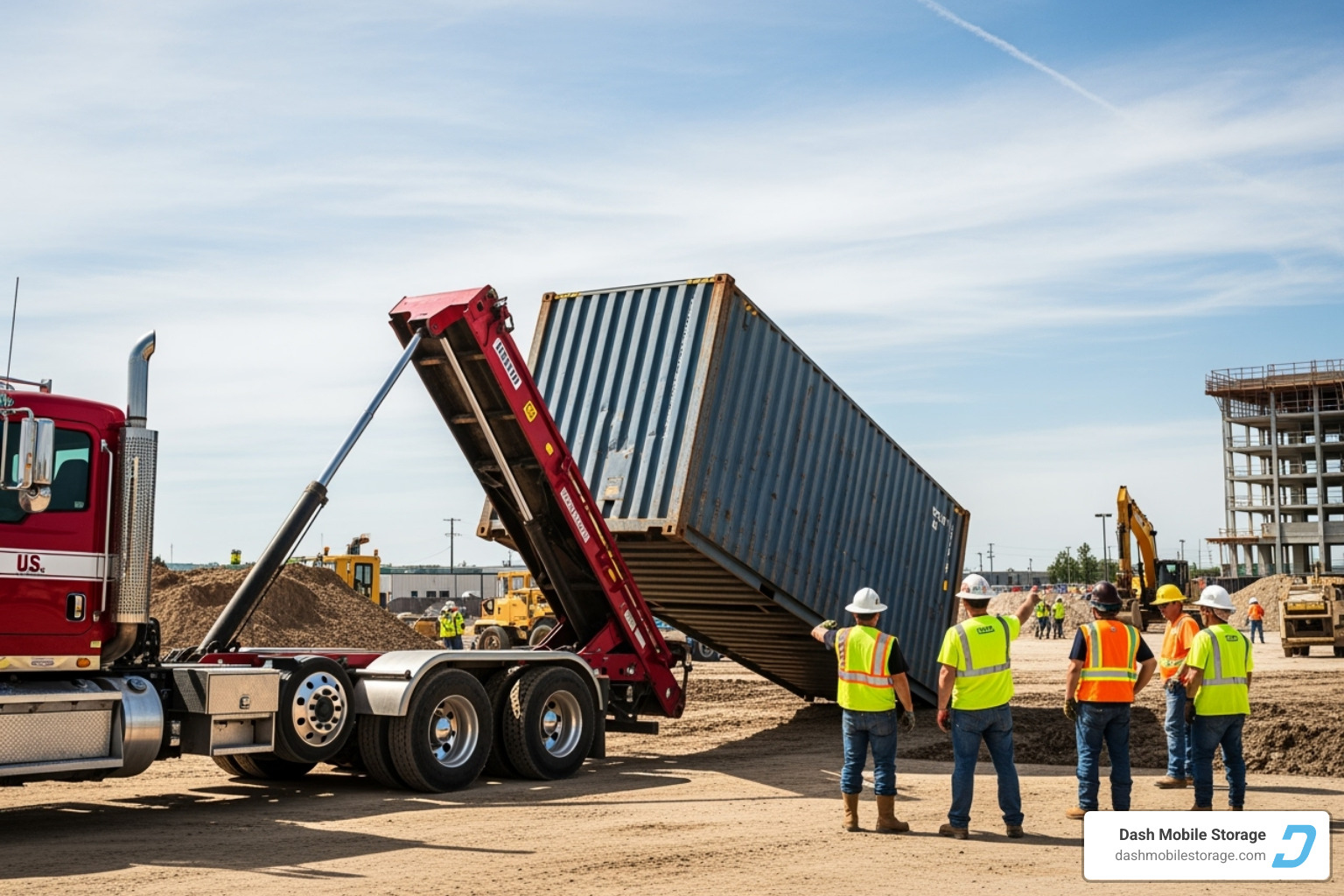 tilt-bed truck delivering a storage container to a job site - job-site storage containers
