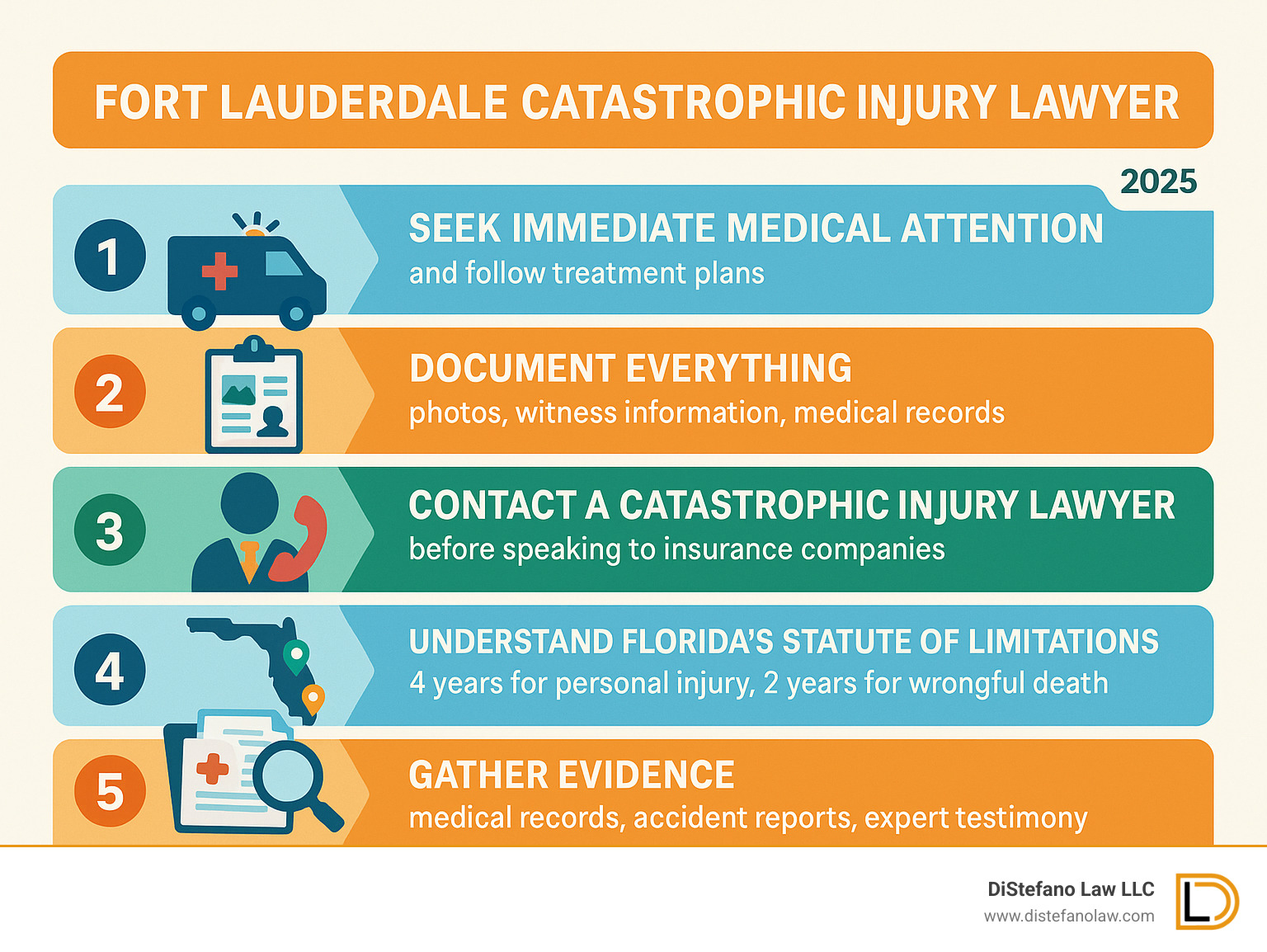 Infographic showing the immediate steps to take after a catastrophic injury in Fort Lauderdale: 1) Seek immediate medical attention and follow treatment plans, 2) Document everything - photos, witness information, medical records, 3) Contact a catastrophic injury lawyer before speaking to insurance companies, 4) Understand Florida's statute of limitations - typically 4 years for personal injury but 2 years for wrongful death, 5) Gather evidence including medical records, accident reports, and expert testimony - fort lauderdale catastrophic injury lawyer infographic 