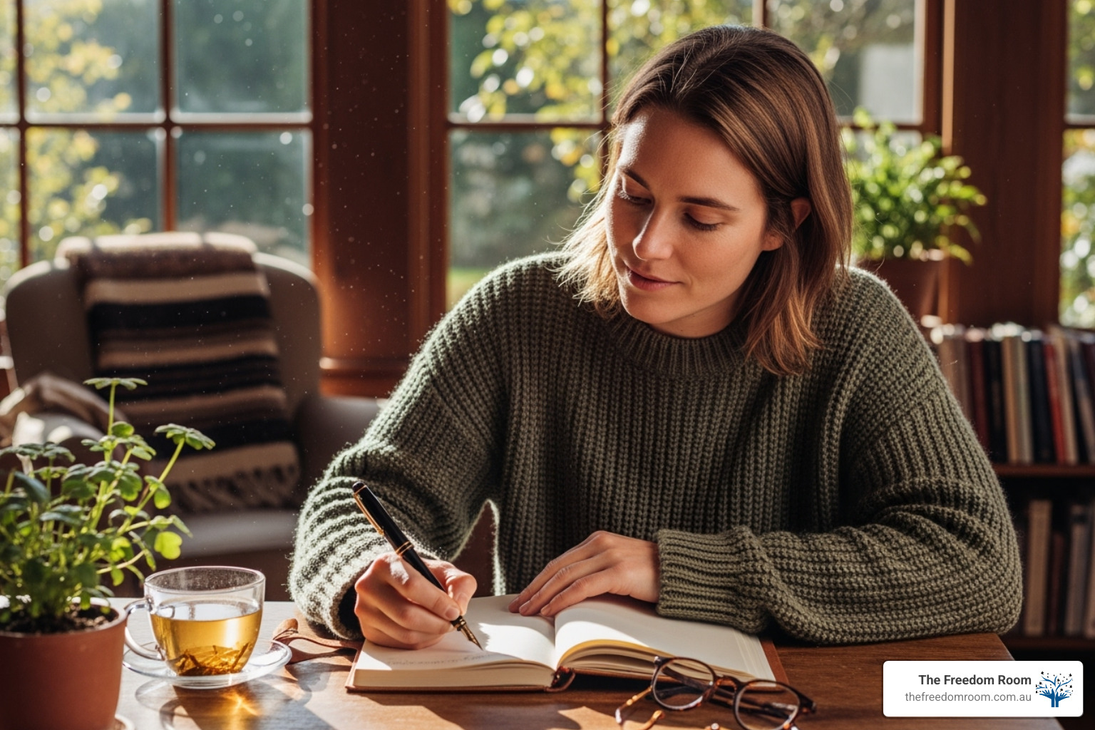 A person writing reflective notes in a journal, focusing on self-awareness and personal growth - which is a cognitive technique for stress management