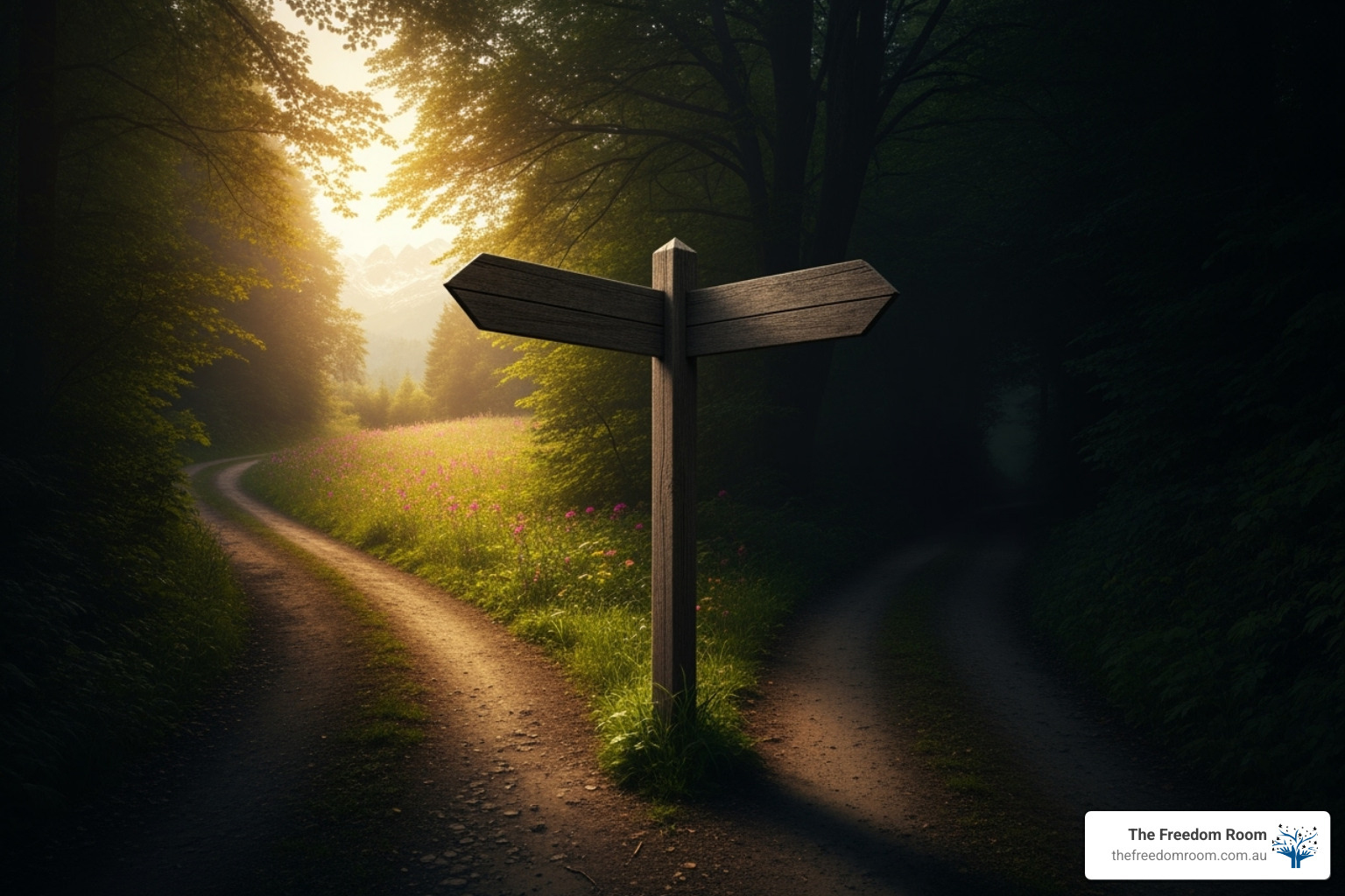 A signpost with two diverging paths, symbolising choice and different perspectives on a journey - which is a cognitive technique for stress management