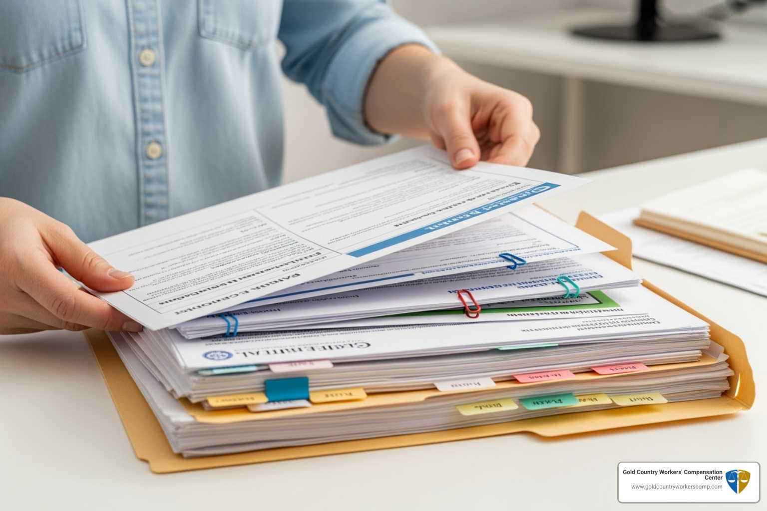 Person organizing a folder with documents like medical records and official letters - Free initial consultation lawyer