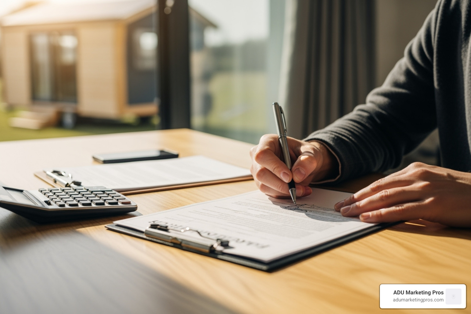 A person signing paperwork for a tiny home with a calculator and legal documents on the table - tiny homes for sale near me A person signing paperwork for a tiny home with a calculator and legal documents on the table - tiny homes for sale near me