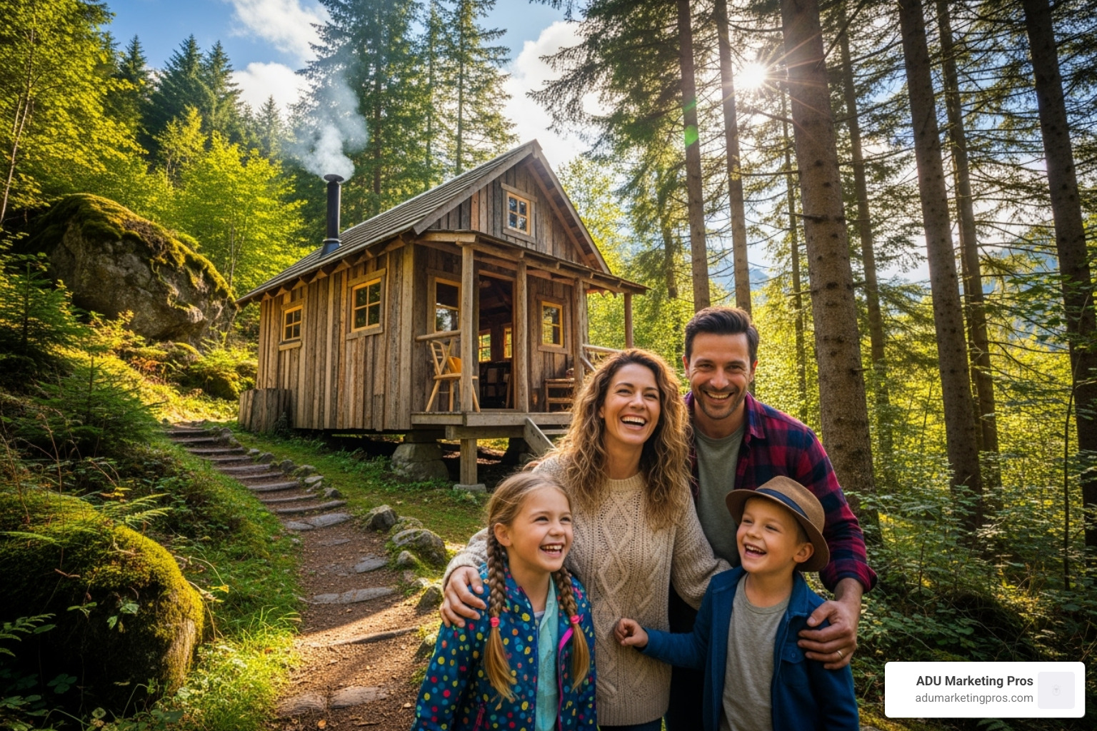 A family laughing outside a rustic tiny cabin in the woods - tiny homes for rent near me