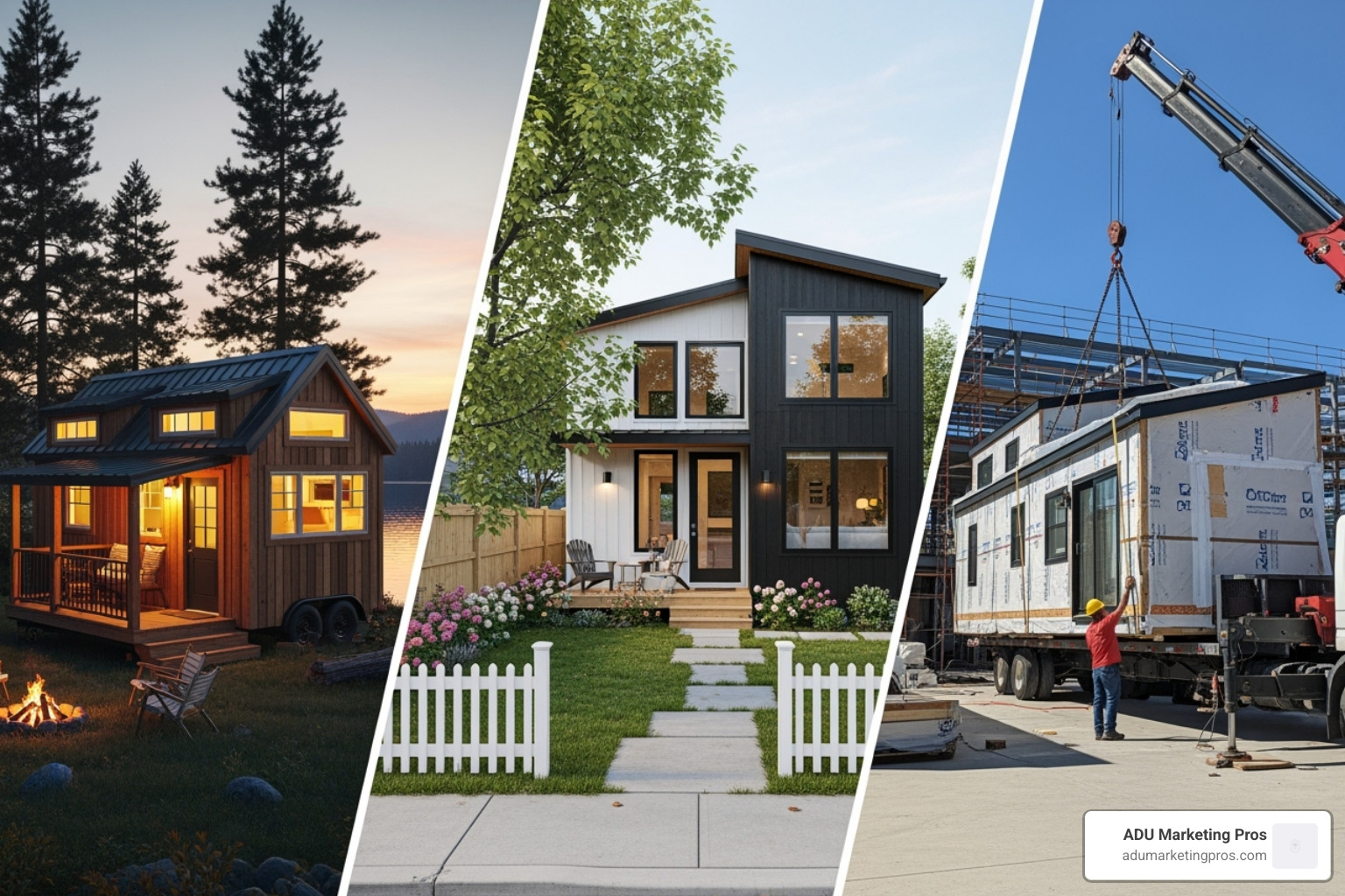 A collage showing different types of tiny homes: on wheels, on a foundation, and a modular unit being delivered - tiny homes for sale near me A collage showing different types of tiny homes: on wheels, on a foundation, and a modular unit being delivered - tiny homes for sale near me