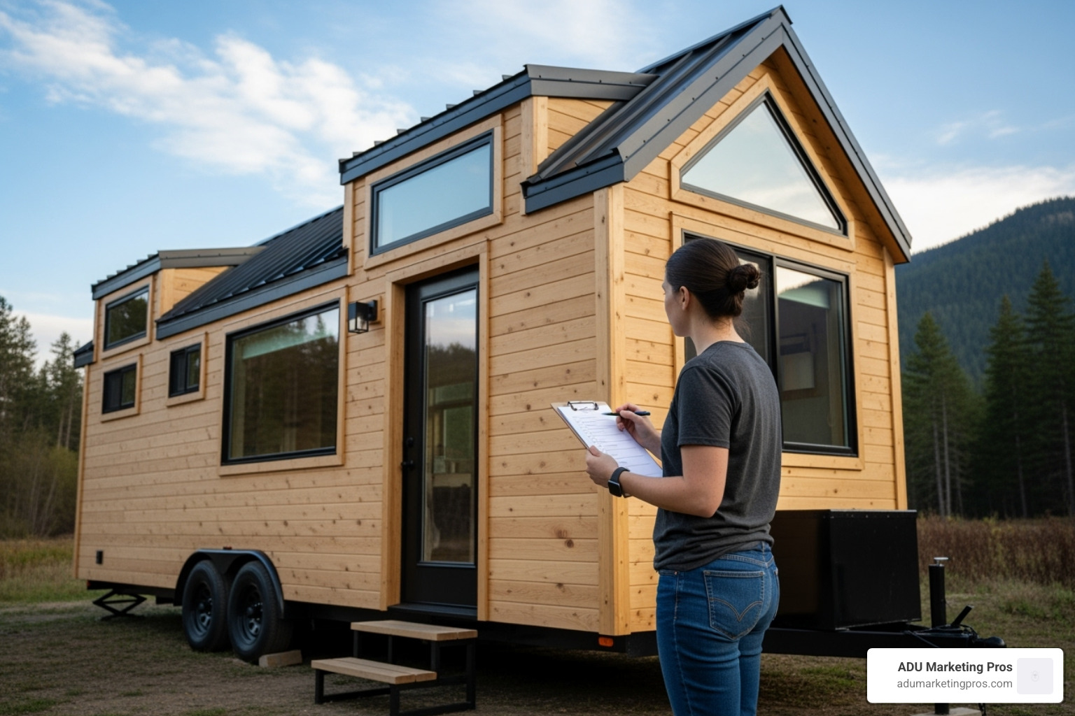A person inspecting a tiny home with a checklist - tiny homes for sale near me A person inspecting a tiny home with a checklist - tiny homes for sale near me
