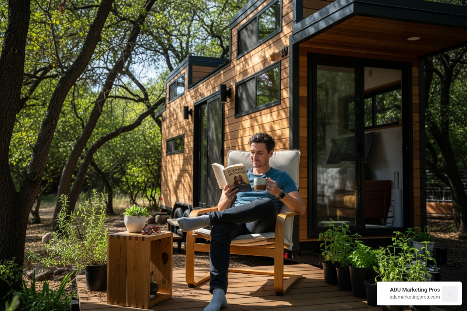 A person relaxing outside their tiny home, enjoying financial freedom - tiny homes for sale near me A person relaxing outside their tiny home, enjoying financial freedom - tiny homes for sale near me