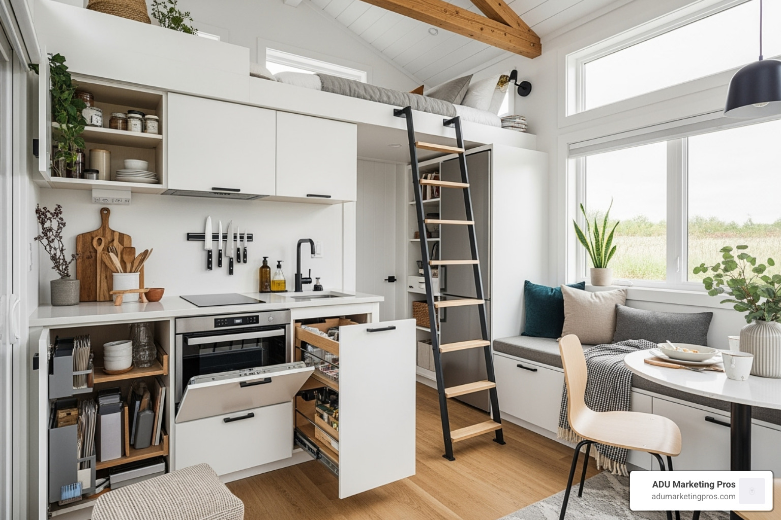 The clever interior of a tiny home, showcasing a compact kitchen, loft bed, and smart storage solutions - tiny homes for rent near me