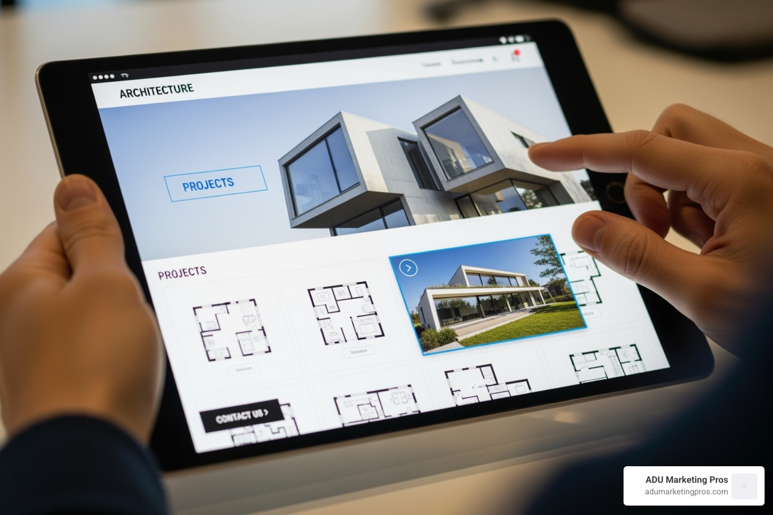 user interacting with an architecture website on a tablet, highlighting interactive elements - architect web design