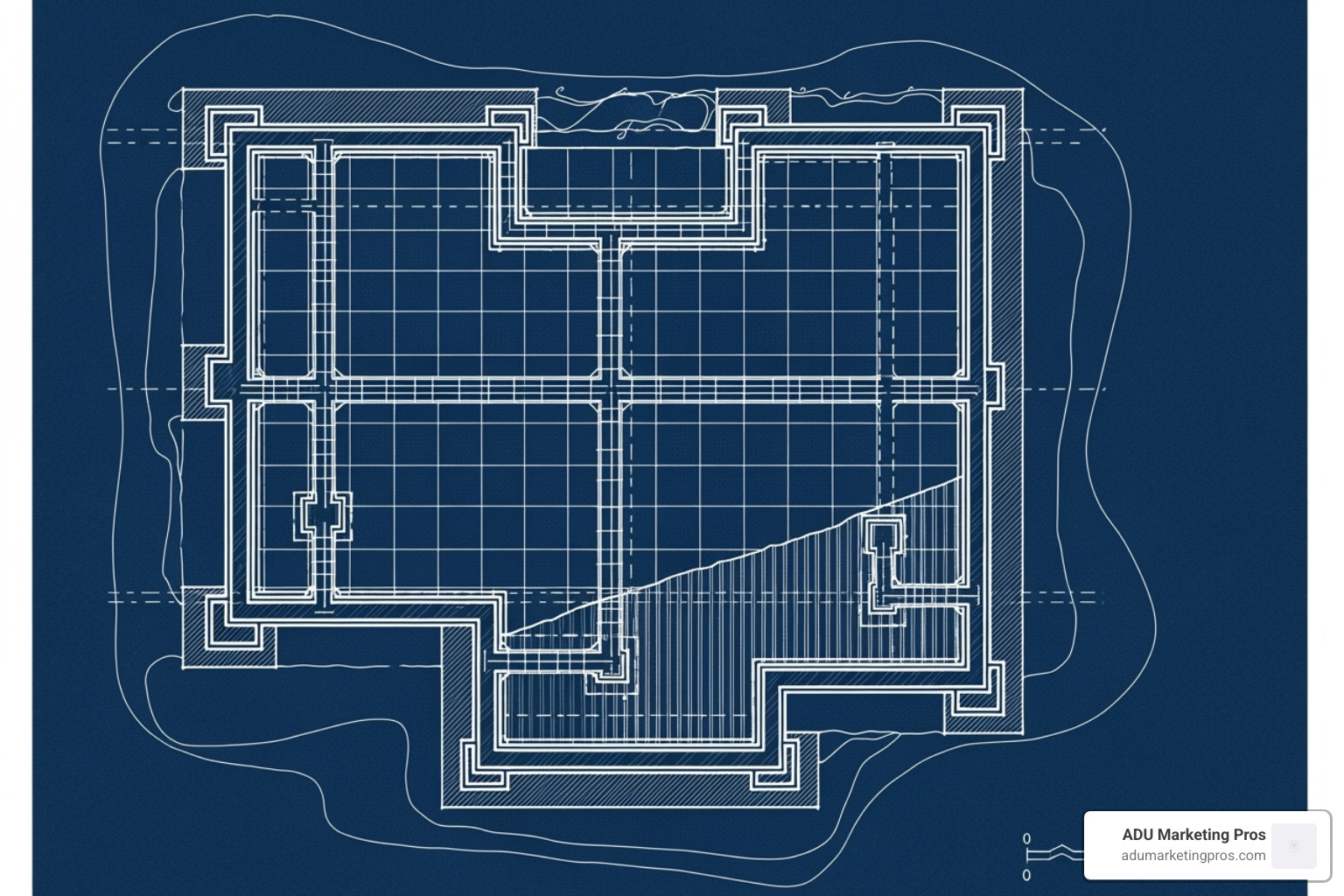 Image of a blueprint for an ADU, with sections labeled "SEO," "PPC," and "Content," showing how they form the foundation of the structure. - ADU lead generation services