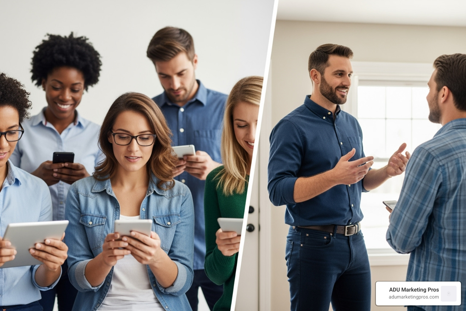 Image of a split-screen graphic showing a group of contractors receiving "exclusive leads" on one side, and a contractor engaging with a homeowner on the other. - ADU lead generation services