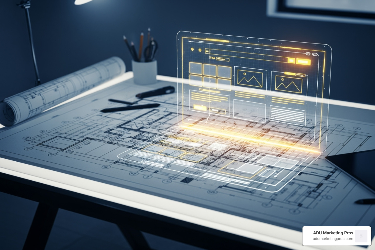 consistent brand identity shown across a website, business card, and letterhead - architect web design