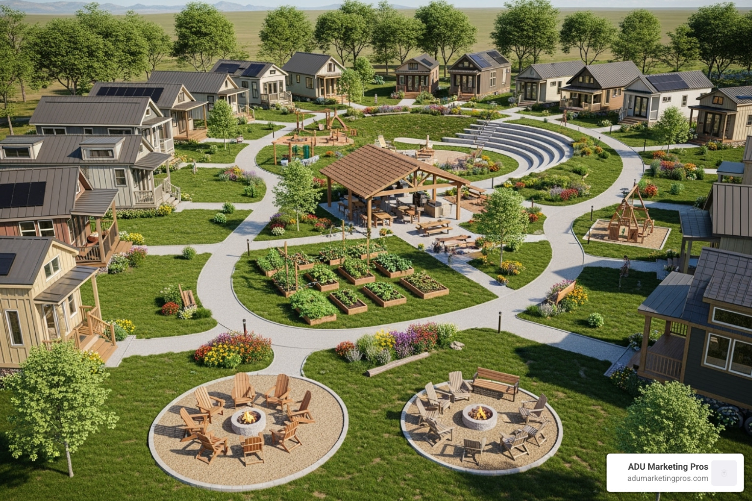 planned tiny home community, showing multiple homes with shared green spaces and amenities - tiny homes planned tiny home community, showing multiple homes with shared green spaces and amenities - tiny homes