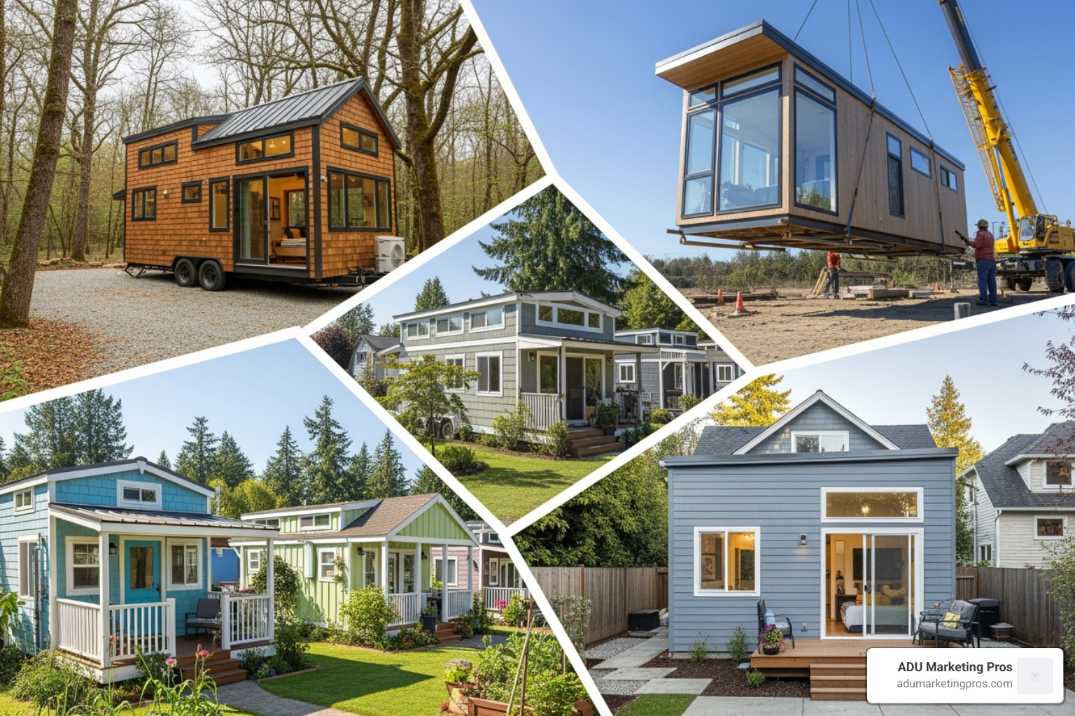collage showcasing different types of tiny homes: one on wheels, a modular unit being placed, a park model in a community, and a backyard ADU - tiny homes collage showcasing different types of tiny homes: one on wheels, a modular unit being placed, a park model in a community, and a backyard ADU - tiny homes