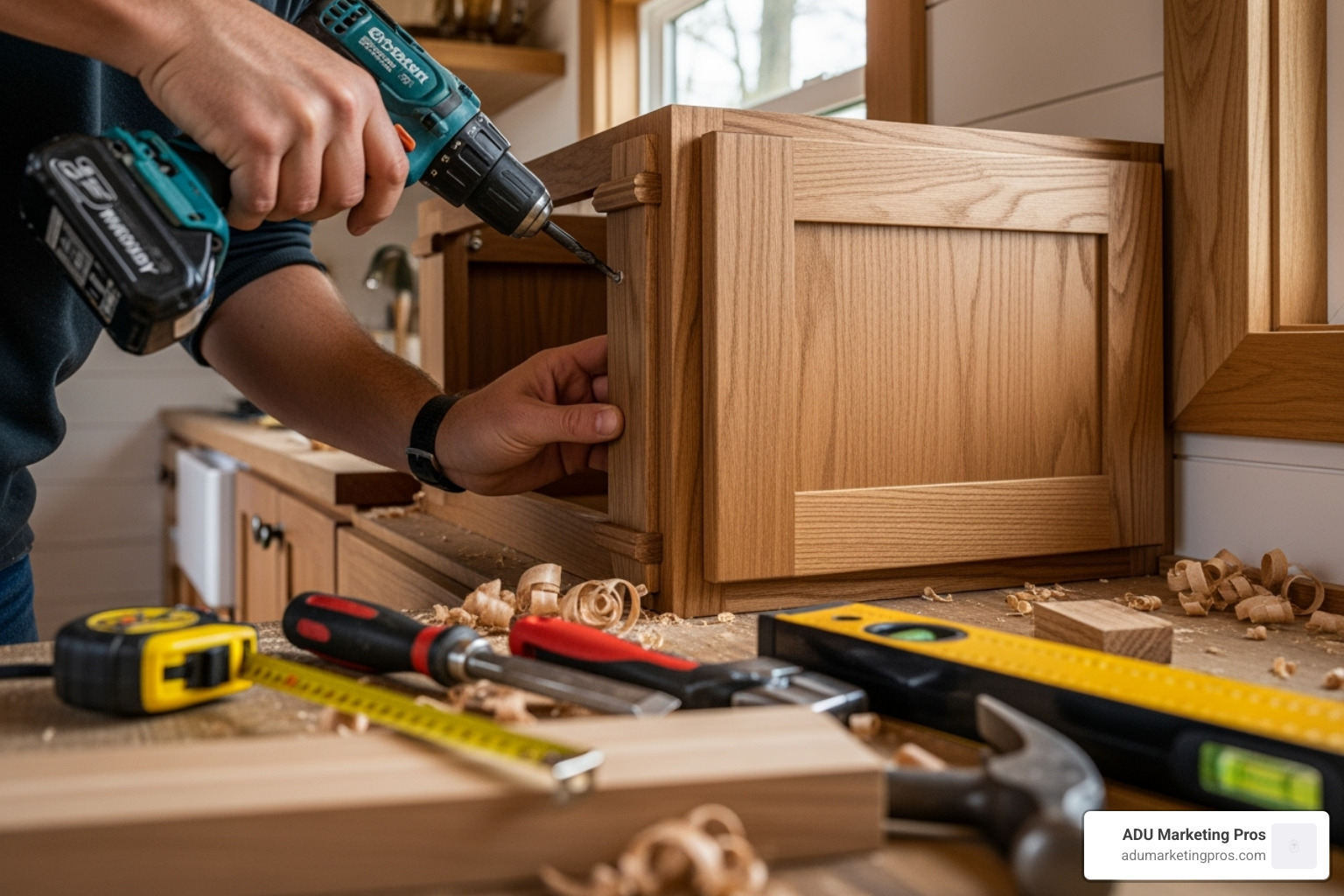 craftsman installing custom cabinet in a tiny home - tiny house builders in southern california