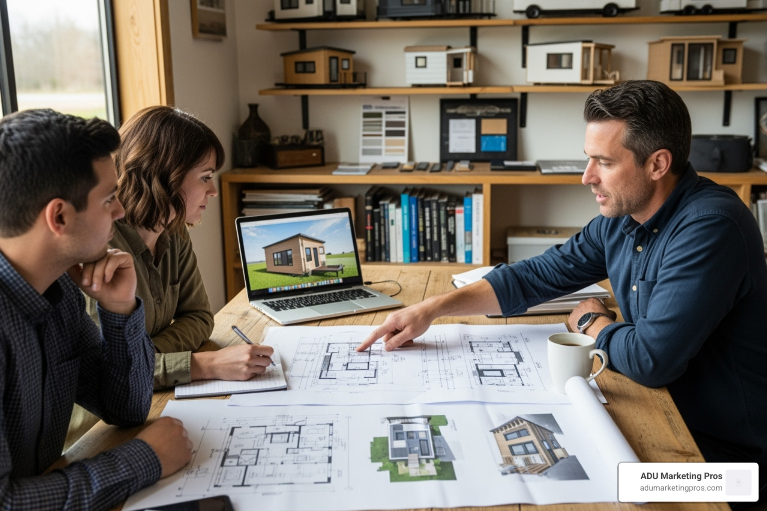 couple reviewing blueprints with a tiny home builder - tiny house builders in southern california