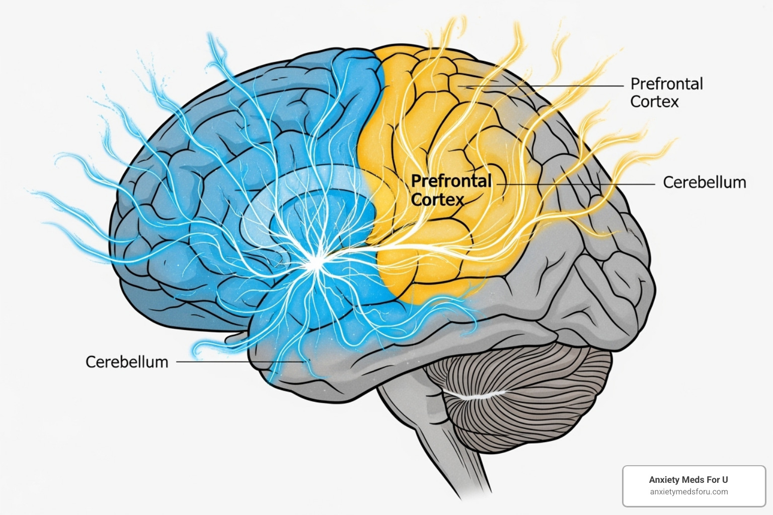 A brain with highlighted prefrontal cortex and neurotransmitter pathways - is adderall for adhd or add