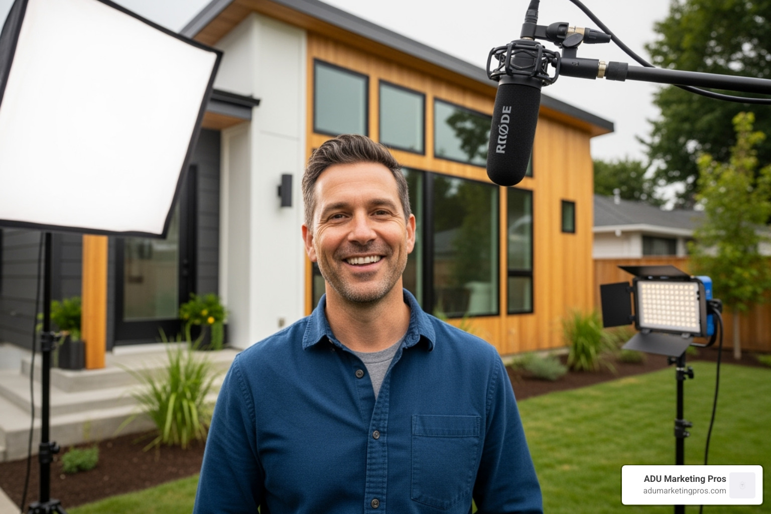 Video testimonial being filmed with a happy client in front of their new ADU, using professional lighting and a branded microphone - generate leads for ADU business Video testimonial being filmed with a happy client in front of their new ADU, using professional lighting and a branded microphone - generate leads for ADU business