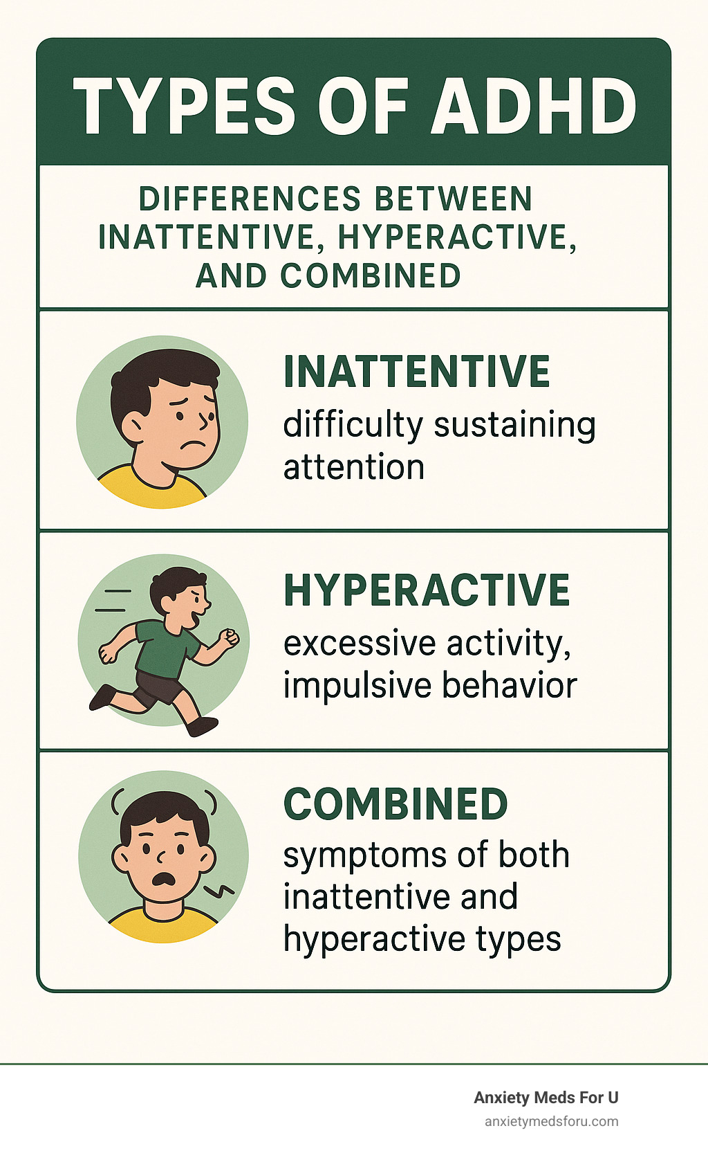 Infographic explaining the differences between inattentive, hyperactive, and combined types of ADHD - is adderall for adhd or add infographic 