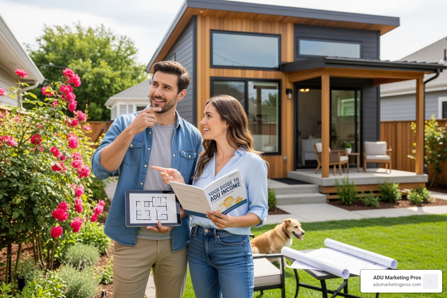 Well-designed ADU builder website on laptop and phone, with clear branding and project photos, staged on a modern desk - generate leads for ADU business Well-designed ADU builder website on laptop and phone, with clear branding and project photos, staged on a modern desk - generate leads for ADU business