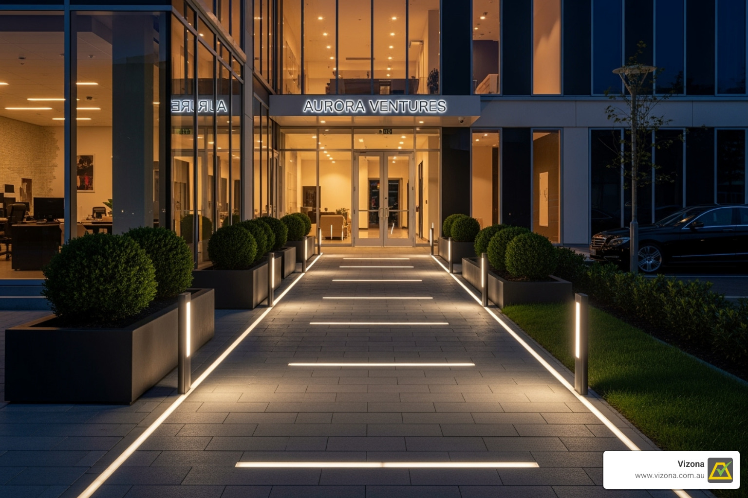 commercial building entrance with aesthetically pleasing walkway lighting - commercial walkway lighting