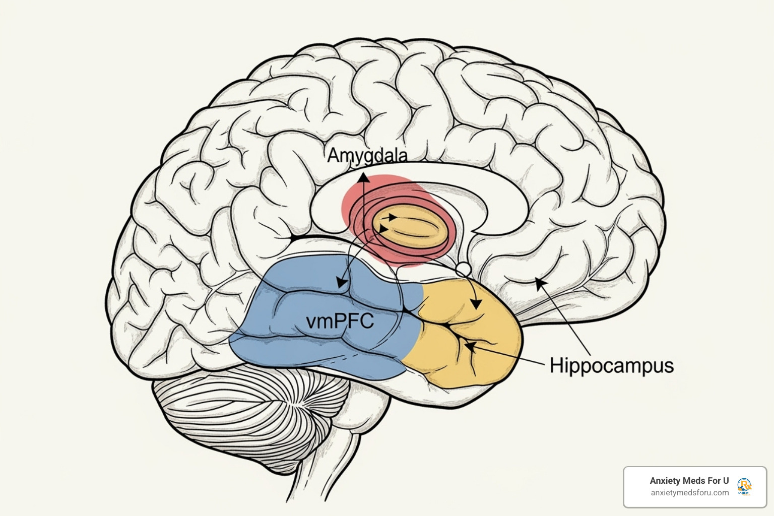 Brain illustration with highlighted areas related to fear and emotion, showing neural pathways. - Anxiety disorder causes