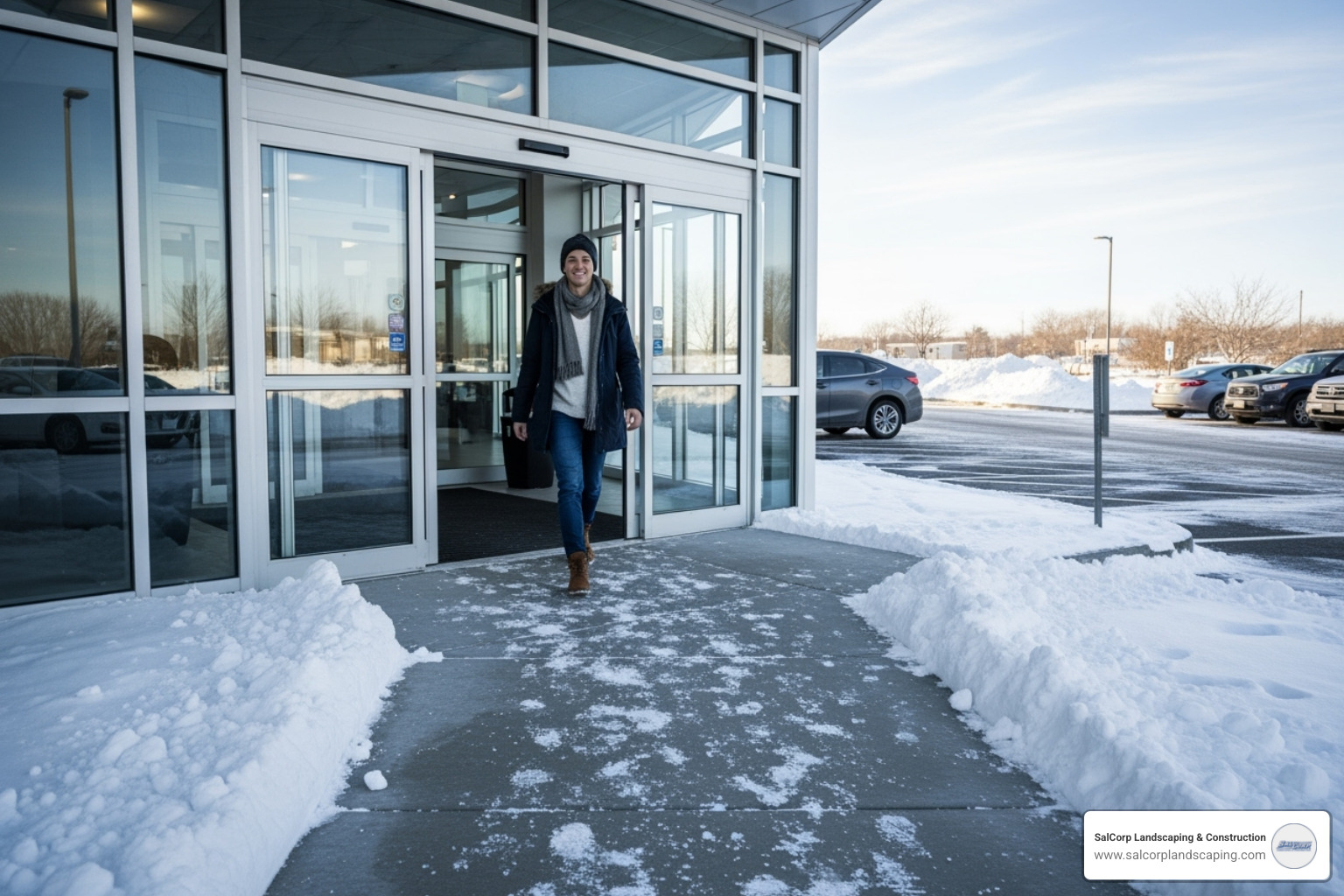 A happy customer entering a business with a safely cleared walkway and parking lot - parking lot snow removal near me A happy customer entering a business with a safely cleared walkway and parking lot - parking lot snow removal near me
