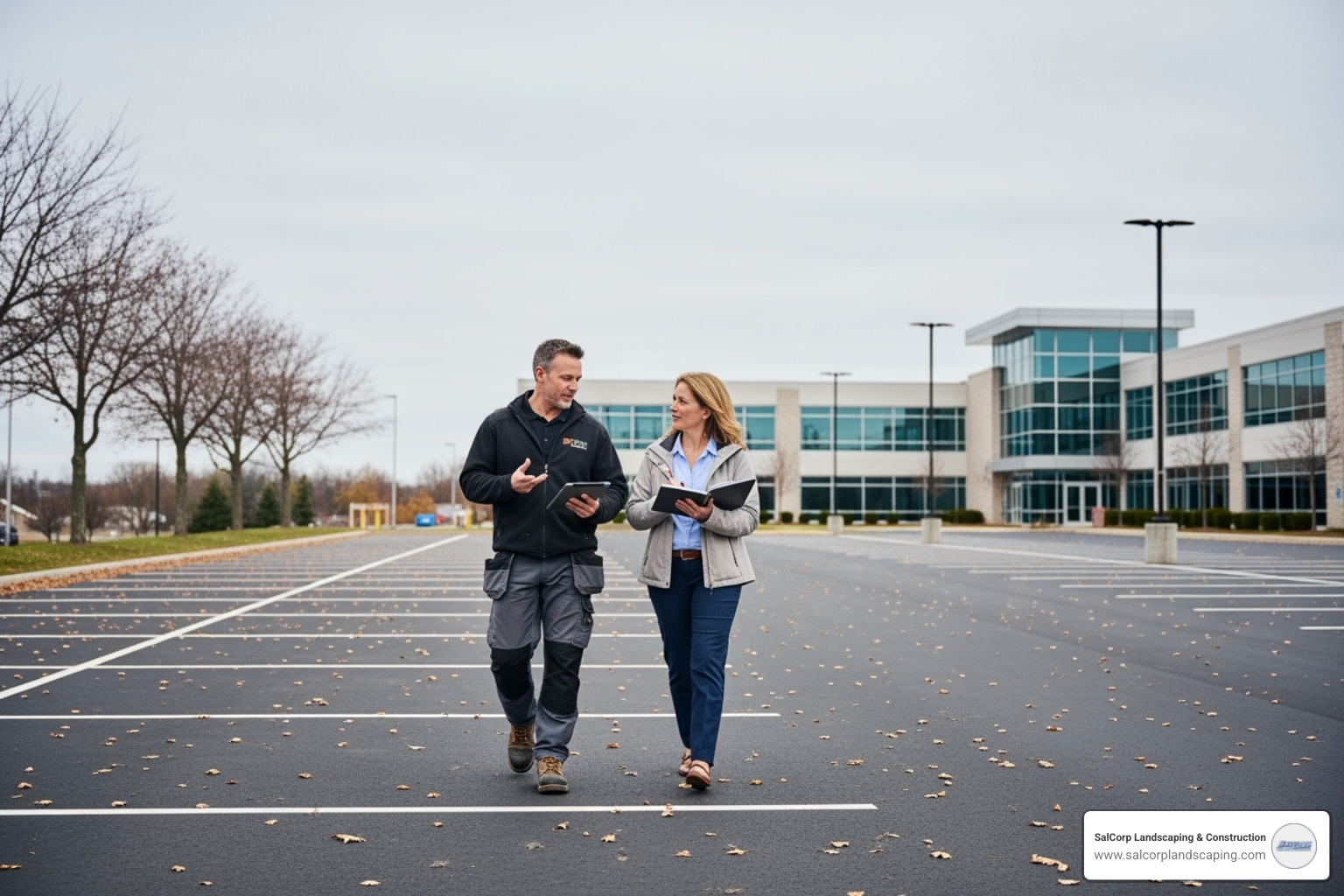 A snow removal contractor walking a property with a facility manager before the season - parking lot snow removal near me A snow removal contractor walking a property with a facility manager before the season - parking lot snow removal near me