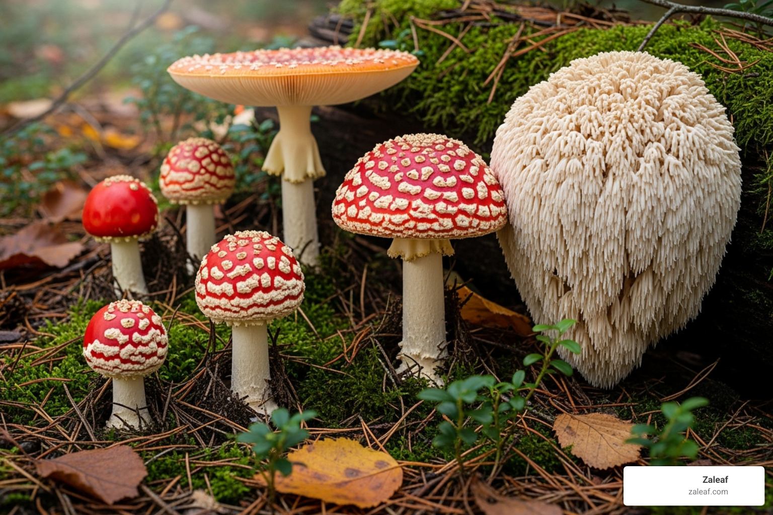 Image of different mushrooms like Amanita Muscaria and Lion's Mane - magic mushroom vape