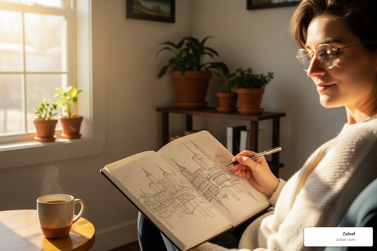 Image of a person looking relaxed and creative in a calm setting - magic mushroom vape