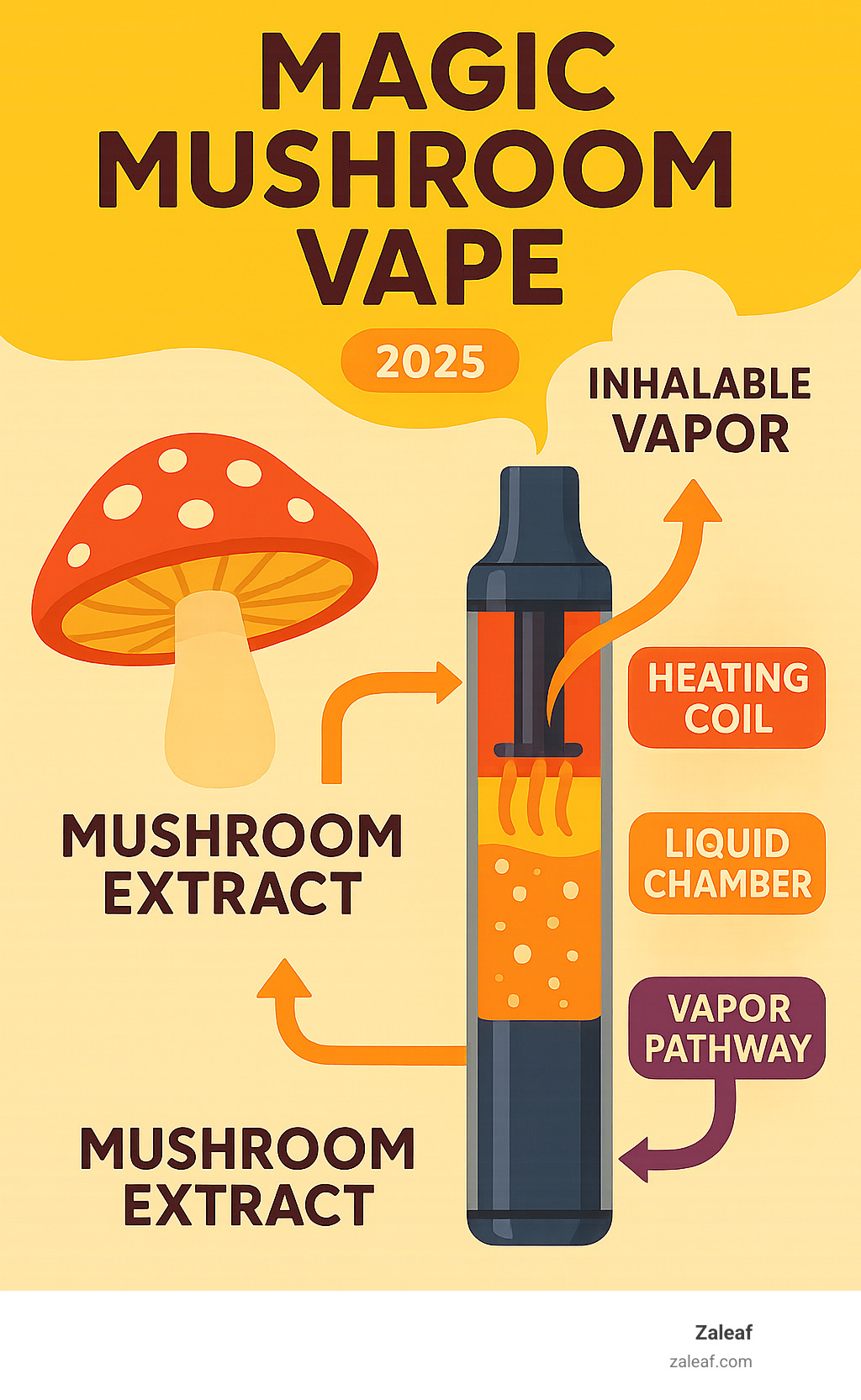Detailed infographic showing the basic concept of a mushroom vape: a sleek vape pen with cutaway view revealing the heating coil, liquid chamber containing mushroom extract, and vapor pathway, with arrows showing how the liquid extract is heated and converted to inhalable vapor - magic mushroom vape infographic 