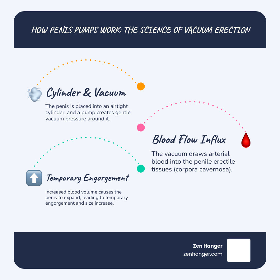 Infographic explaining vacuum pump mechanism: cylinder placed over penis, vacuum created by pump draws blood into corpora cavernosa, resulting in temporary engorgement and size increase, with arrows indicating blood flow direction and pressure gauge showing safe vacuum levels - benefits of a penis pump for size infographic infographic-line-3-steps-blues-accent_colors