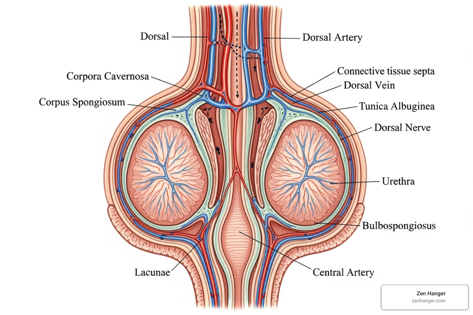 anatomical diagram showing the corpora cavernosa - benefits of a penis pump for size