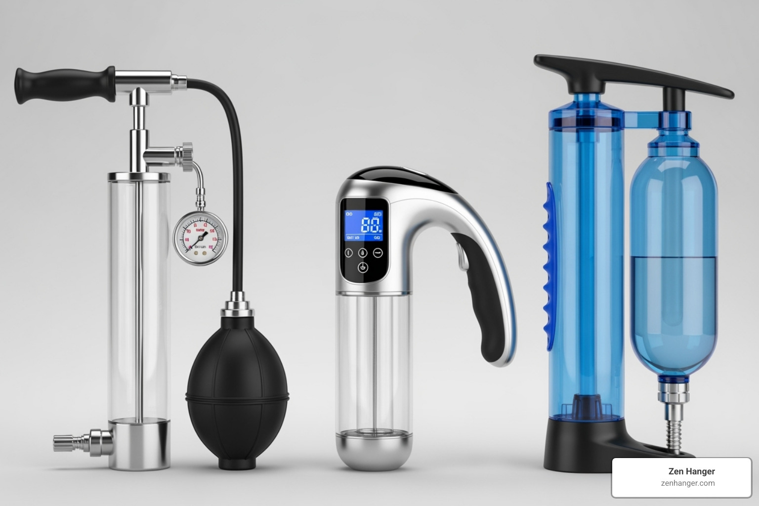 different types of penis pumps offered by Zen Hanger (manual, automatic, water-based) - benefits of a penis pump for size