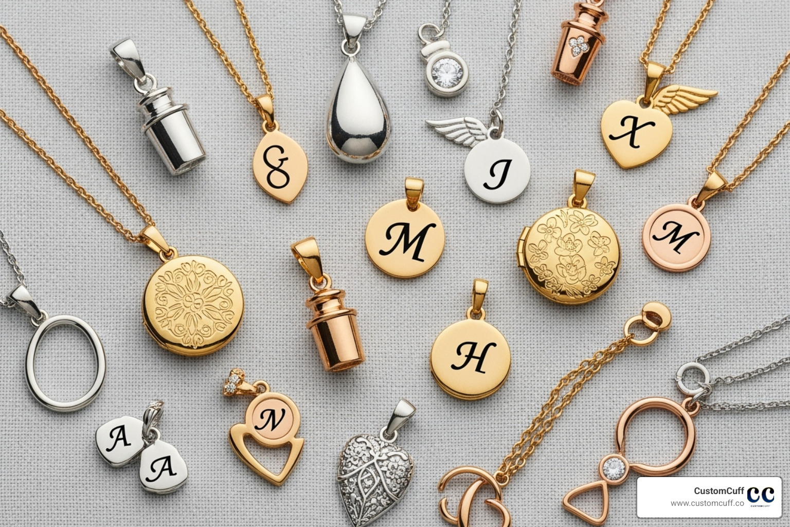 Flat lay of memorial jewelry styles - engraved memorial jewelry Flat lay of memorial jewelry styles - engraved memorial jewelry