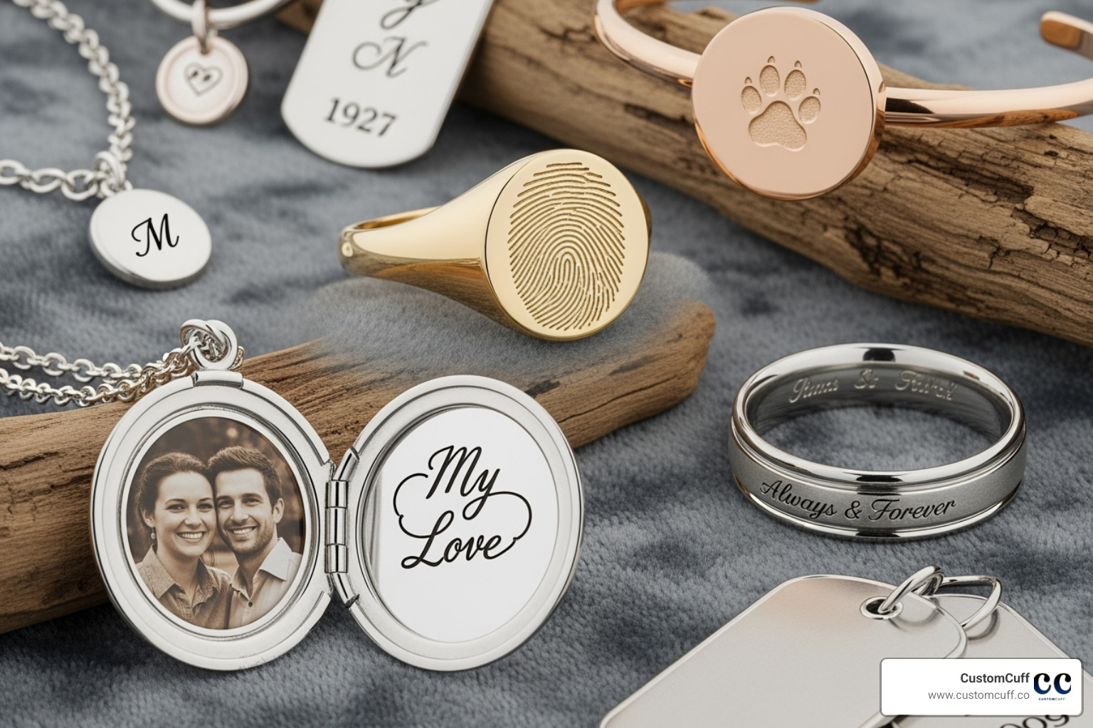 Collage of CustomCuff engraving types—handwriting, fingerprint, photo, and paw print on jewelry - engraved memorial jewelry Collage of CustomCuff engraving types—handwriting, fingerprint, photo, and paw print on jewelry - engraved memorial jewelry