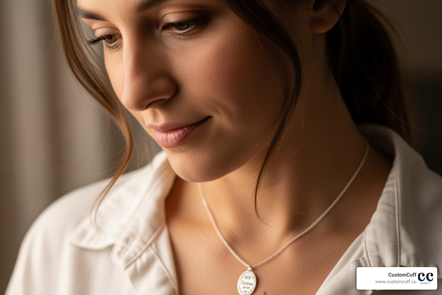 Person wearing memorial jewelry with thoughtful expression - engraved memorial jewelry Person wearing memorial jewelry with thoughtful expression - engraved memorial jewelry