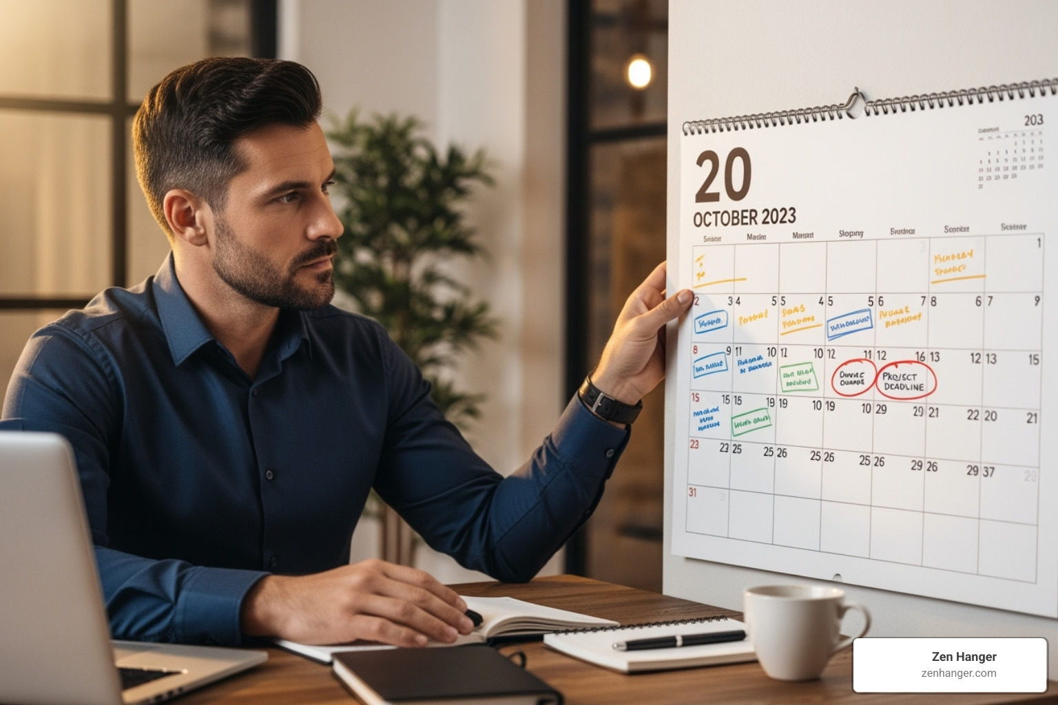 man looking thoughtfully at a calendar, symbolizing commitment - benefits of a penis pump for size