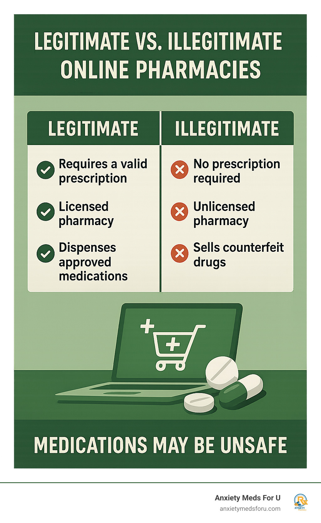 infographic explaining the difference between legitimate and illegitimate online pharmacies - Buy oxycodone online infographic 