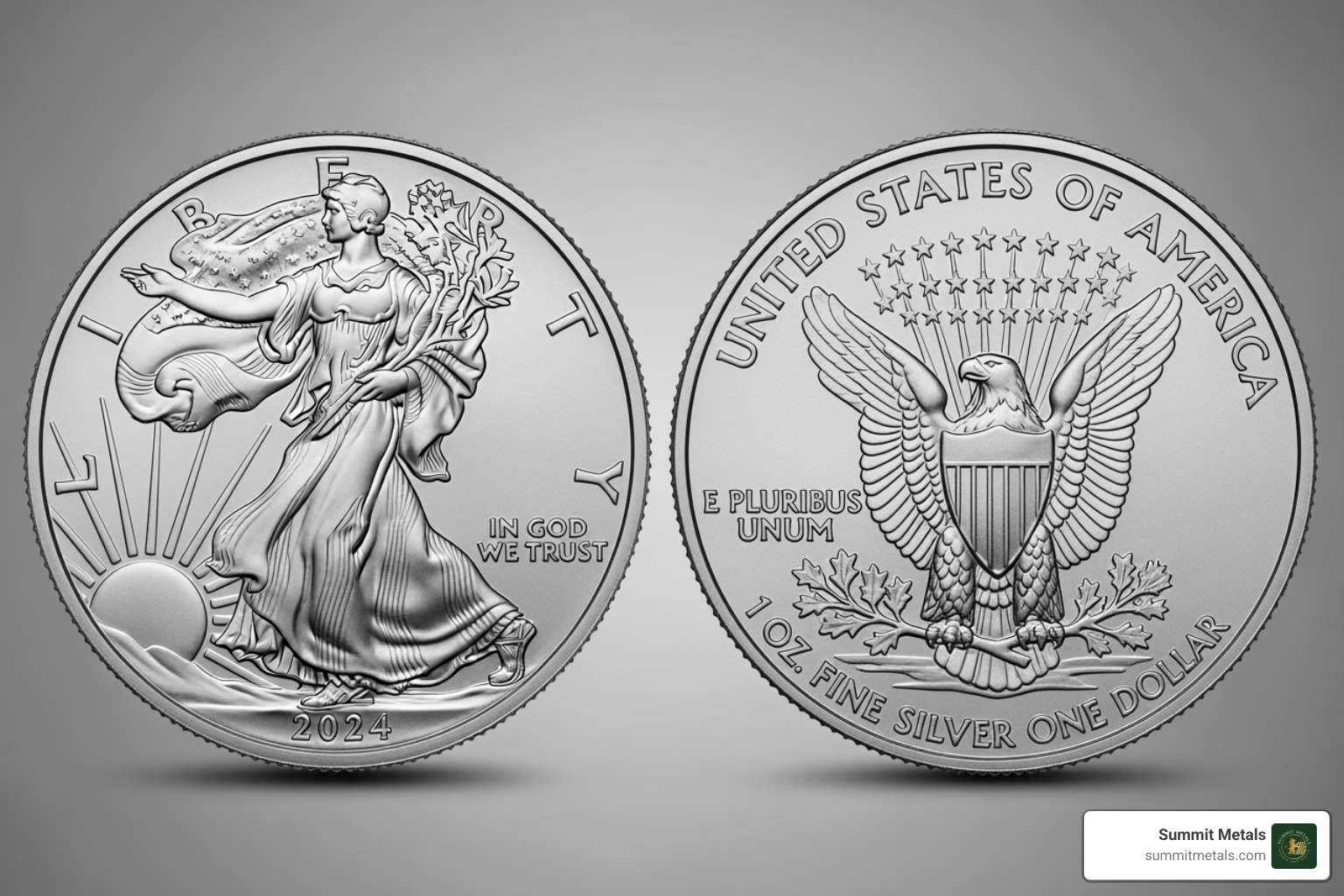 of the obverse and new "Type 2" reverse of the American Silver Eagle - fine silver dollar coin