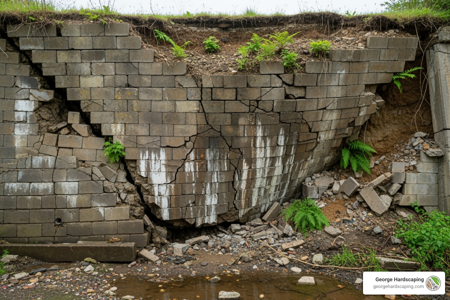 Failing retaining wall with significant cracking and bowing due to poor drainage