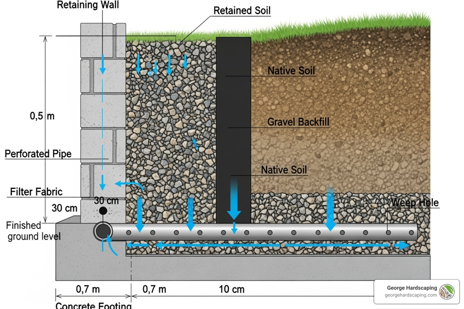 Cross-section diagram showing a retaining wall with labeled drainage components: perforated pipe, gravel backfill, filter fabric, and a weep hole