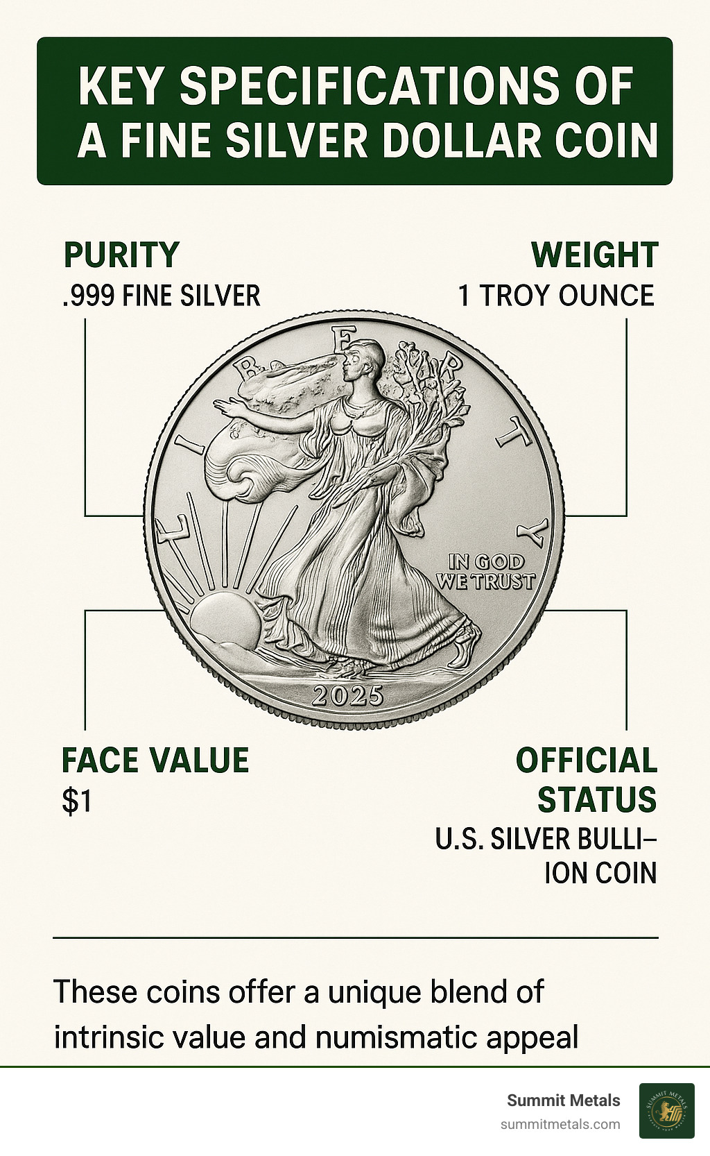 Key Specifications of a Fine Silver Dollar Coin - fine silver dollar coin infographic 