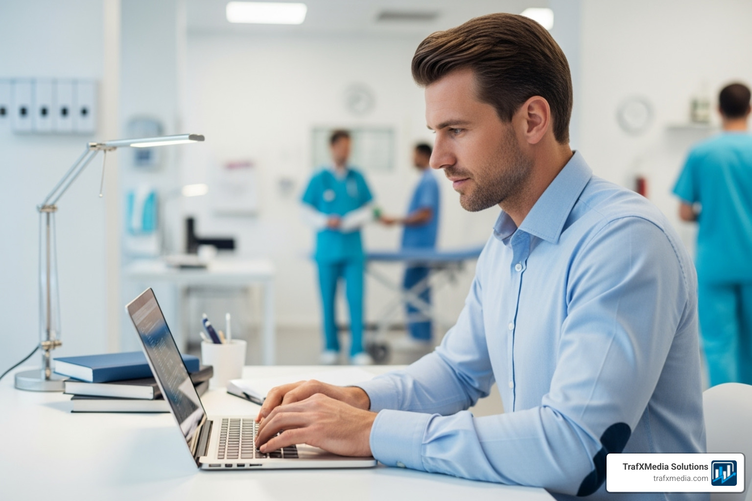 Focused, white male professional at a clean desk, setting up a Google Ads campaign on a laptop, with a bright, modern clinic visible in the background. - Google ads for clinics