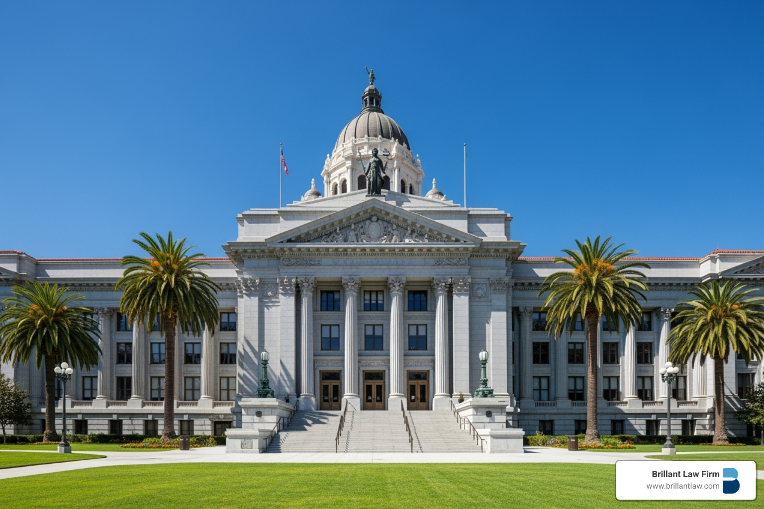 A grand California courthouse with large columns and steps, symbolizing the formal, court-supervised legal process of probate for deceased estates. - legal aid deceased estates
