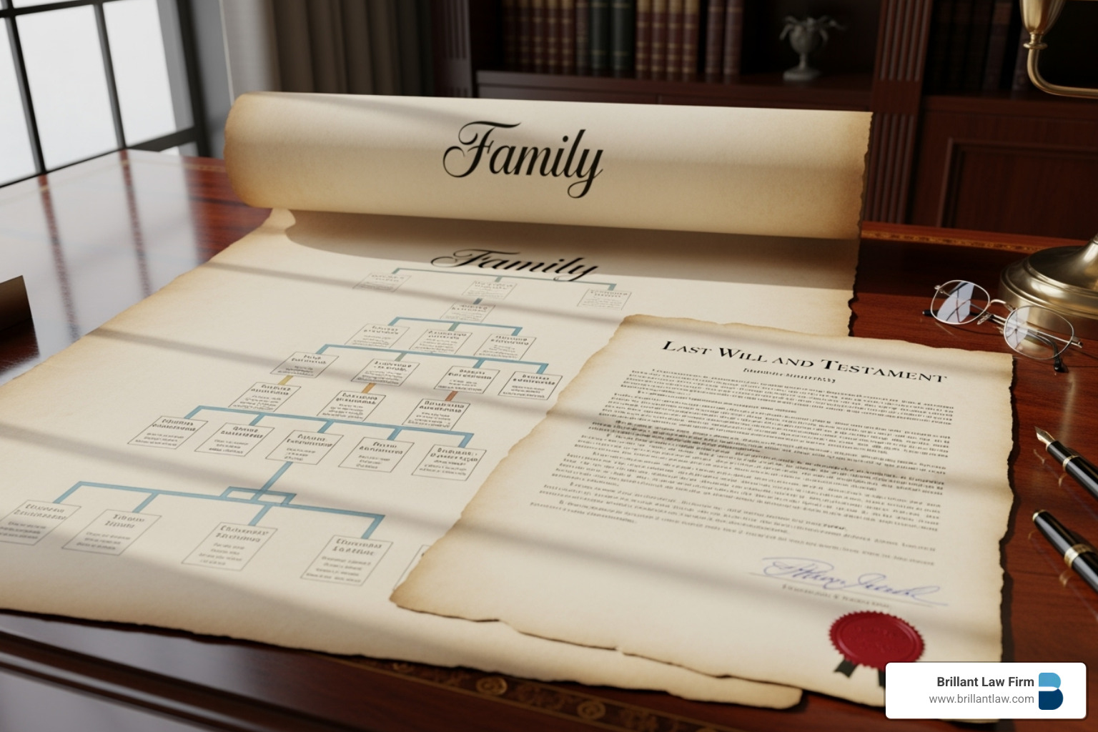 A visual representation of estate planning, showing a family tree diagram next to a signed Last Will and Testament document, illustrating the connection between familial relationships and legal inheritance instructions. - legal aid deceased estates