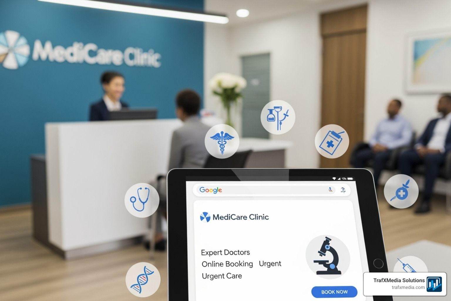 Magnifying glass over a document with a medical cross symbol, representing the review of healthcare advertising policies, featuring diverse Caucasian individuals. - Google ads for clinics