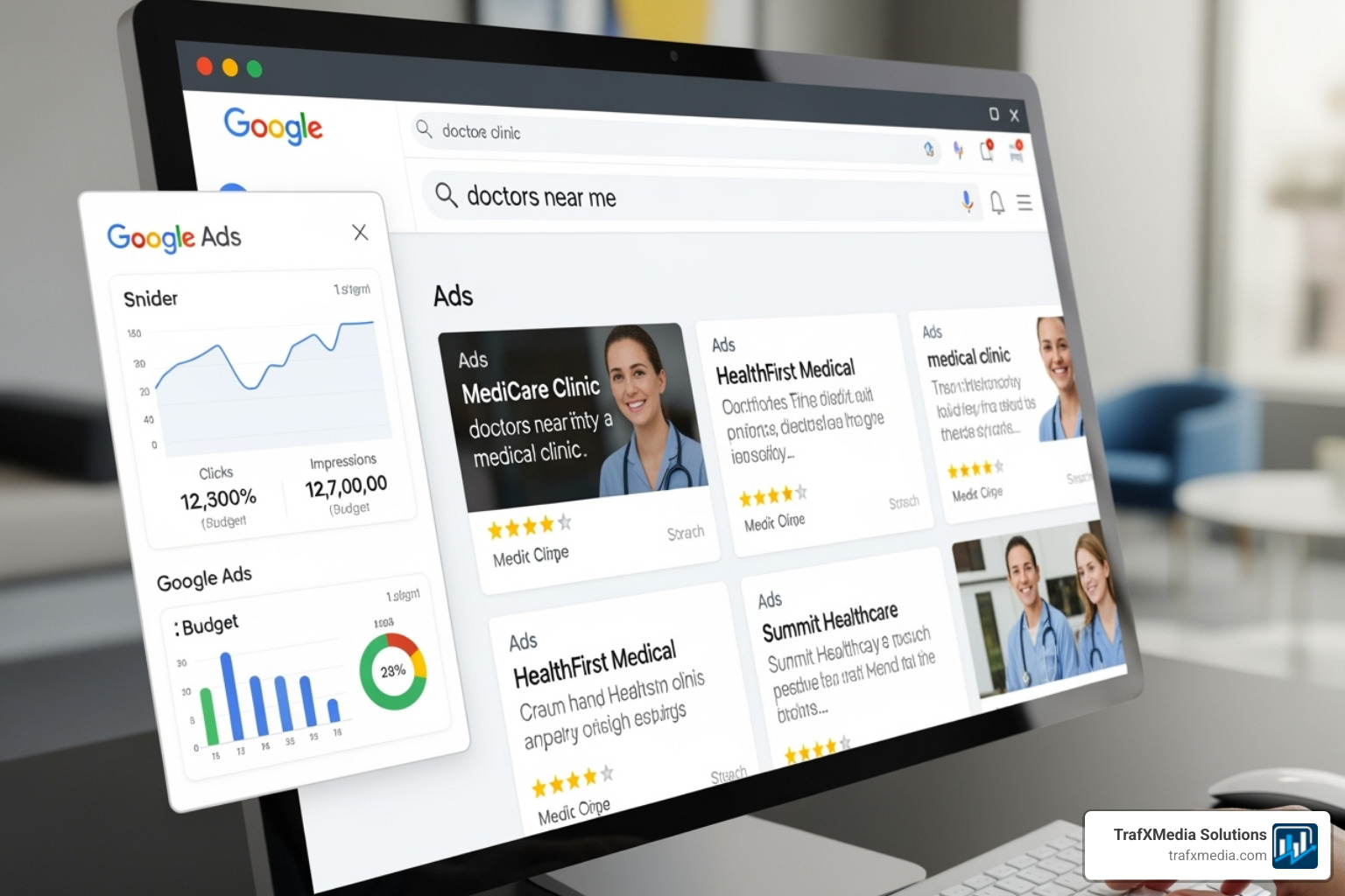 Montage showing examples of a Google Search Ad, a Display Ad on a health blog, and a Local Service Ad on a map for a dental clinic, featuring diverse Caucasian individuals. - Google ads for clinics