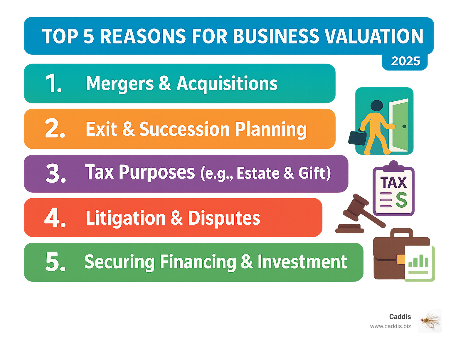 Infographic showing top 5 reasons for business valuation: 1. Mergers & Acquisitions, 2. Exit & Succession Planning, 3. Tax Purposes (e.g., Estate & Gift), 4. Litigation & Disputes, 5. Securing Financing & Investment - business valuation consulting infographic 